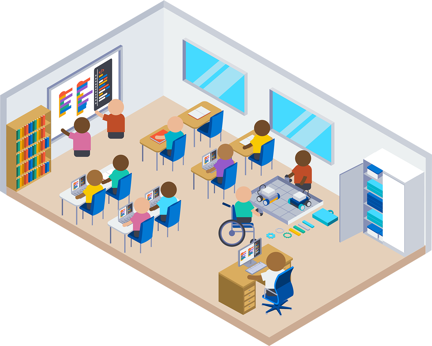 Computer science classroom with a range of students, including some using wheelchairs, working with robotics and computers.